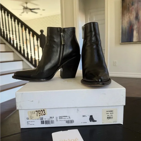 Chloe Black Leather Ankle Booties - Subtly Western - Size 39.5